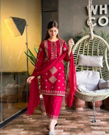 STITCHED 3 piece DRESS FA 237 Red